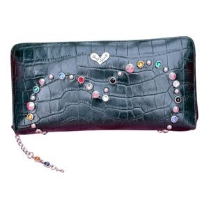 Betsey Johnson Just Heart Studded Croc Embossed Zip Wallet Black